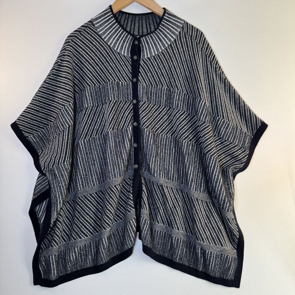 Unbranded Knit Button Down Sweater Cape Women One Size Blue Gray Striped Coastal